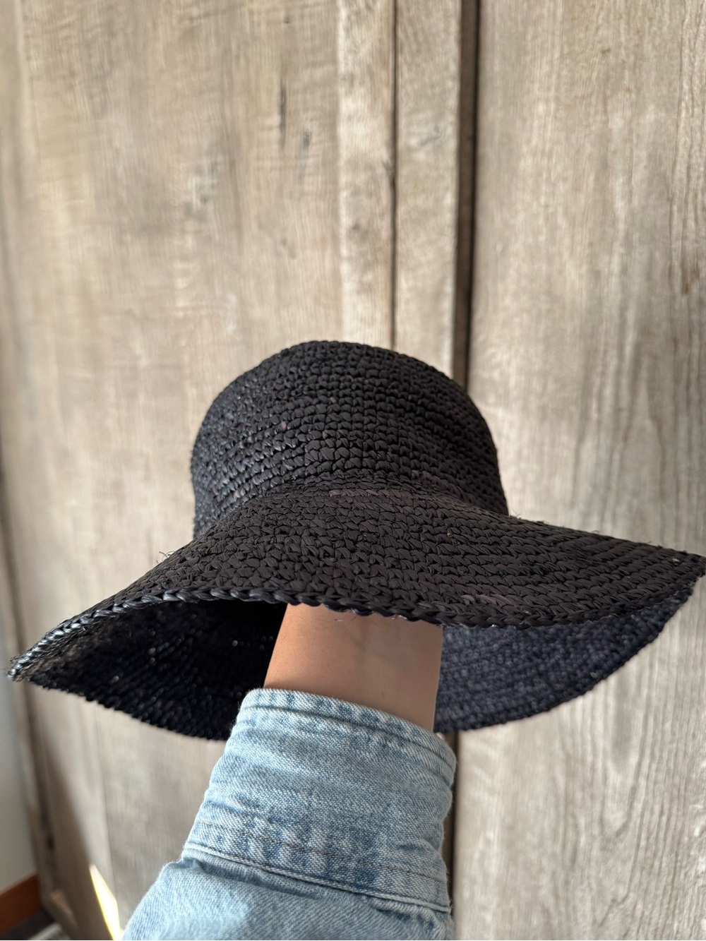 J. Crew Black Woven Wide Brim Straw Hat